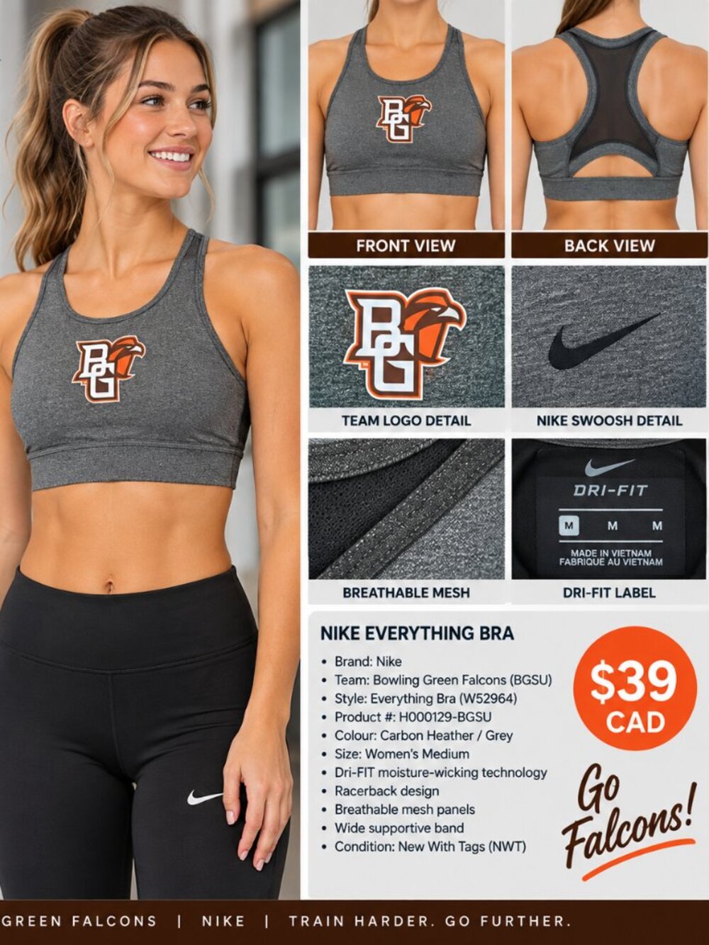 Nike Bowling Green Falcons Dri-FIT Sports Bra Women’s M NWT